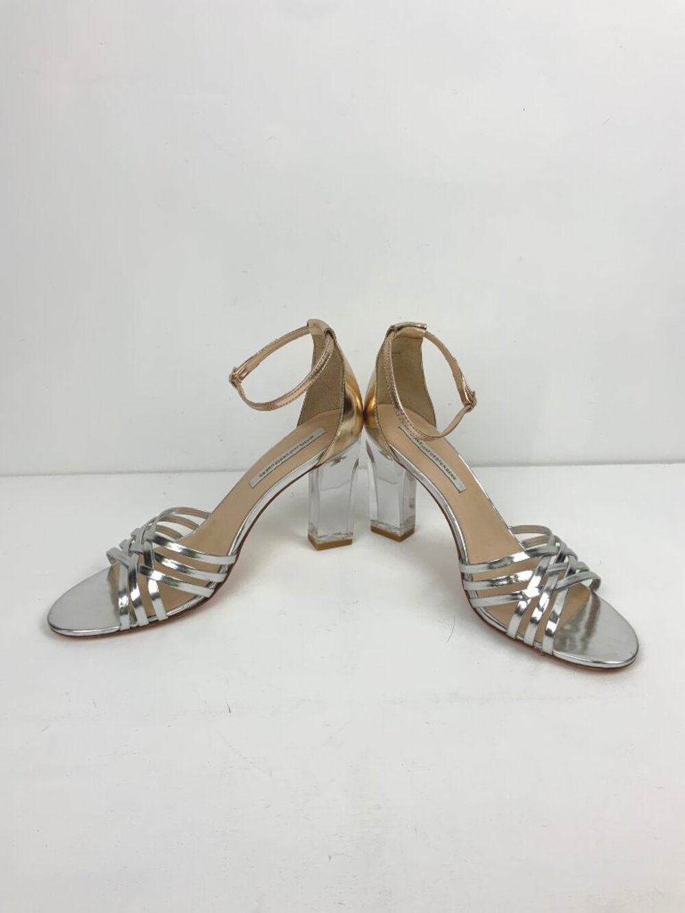 Diane von Furstenberg Ibiza Clear Heeled Strappy Metallic Silver Sandals Sz 9.5M - Picture 10 of 15
